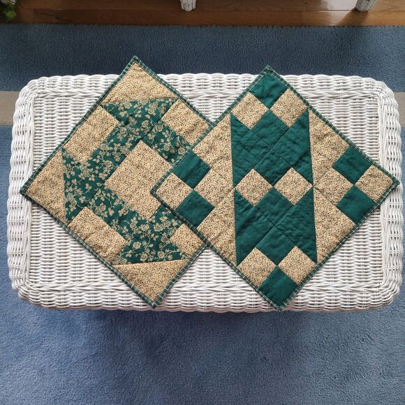 Set of 2 Handmade Patchwork Quilt Squares – Teal & Beige Country Style Designs - Picture 2 of 10